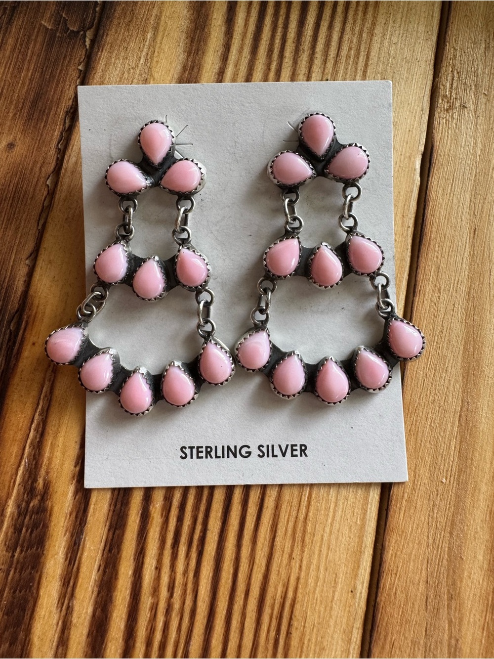Native American Sterling Silver Pink Conch Teardrop Chandelier Earrings